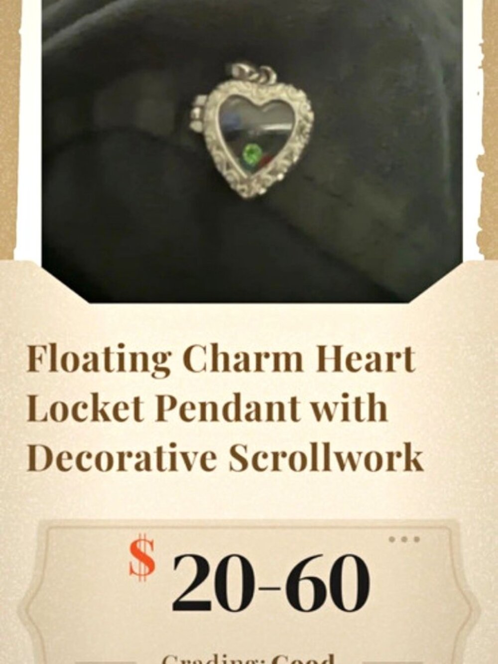 Floating Charm Silver Tone Metal Heart Photo Locket Pendant w/ Crystal